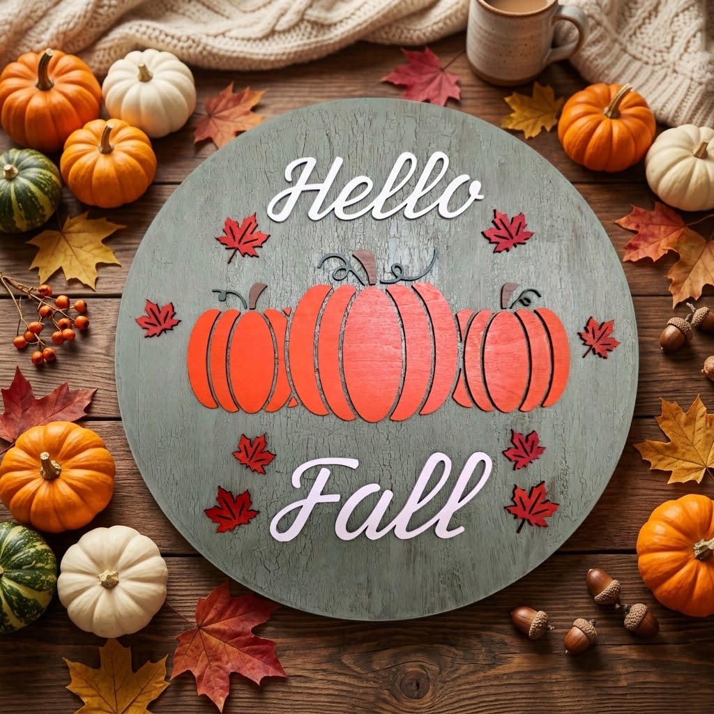 Handcrafted "Hello Fall" Round Wooden Pumpkin Sign