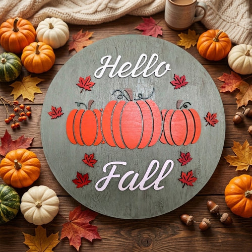 Handcrafted "Hello Fall" Round Wooden Pumpkin Sign