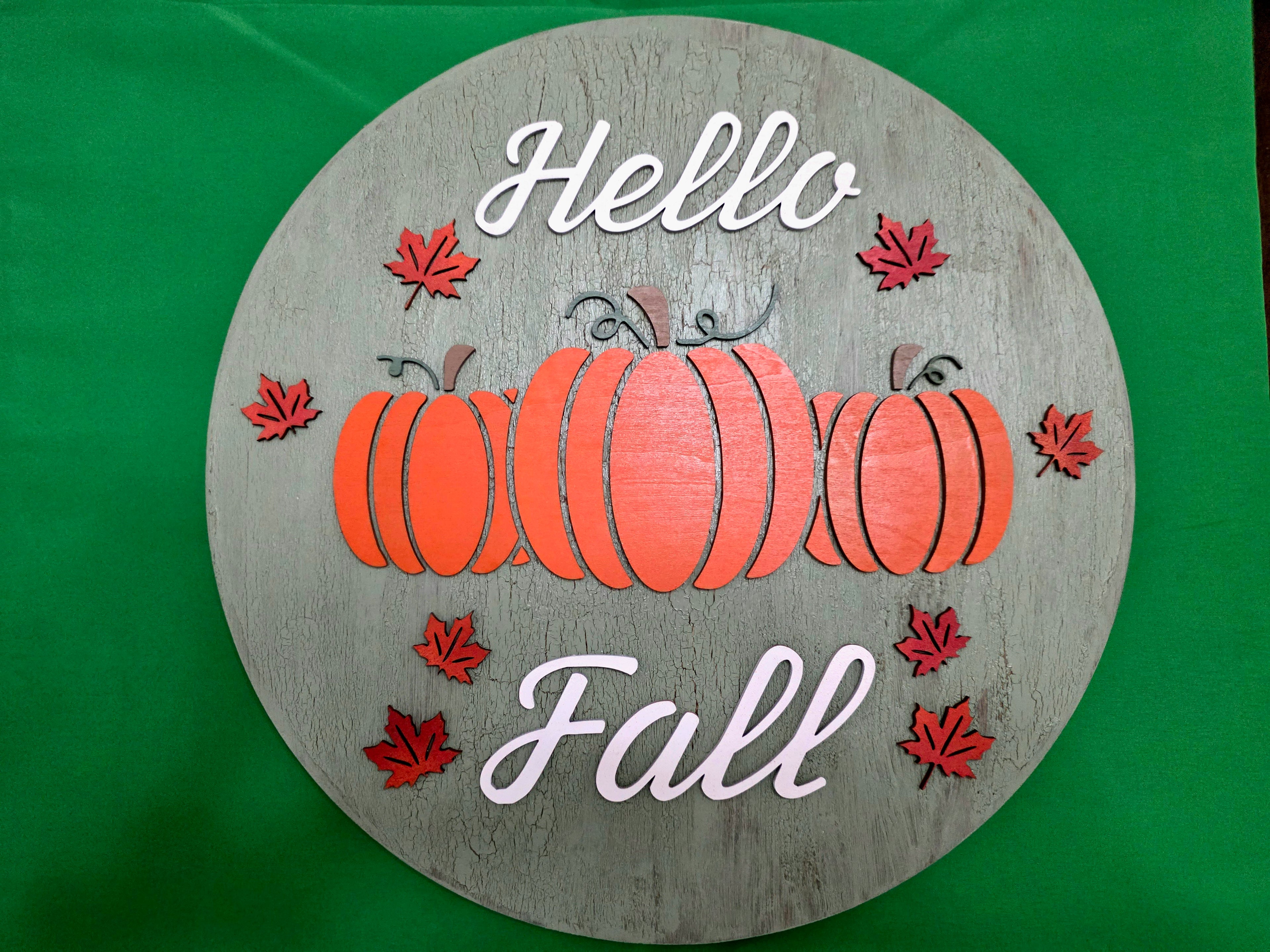 3D "Hello Fall" Round Wooden Pumpkin Sign – Distressed Sage Green Farmhouse Decor