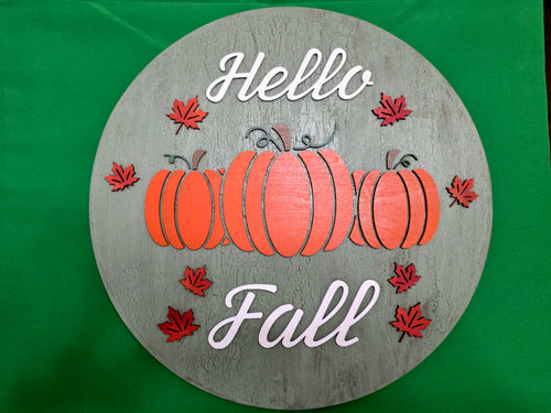 3D "Hello Fall" Round Wooden Pumpkin Sign – Distressed Sage Green Farmhouse Decor