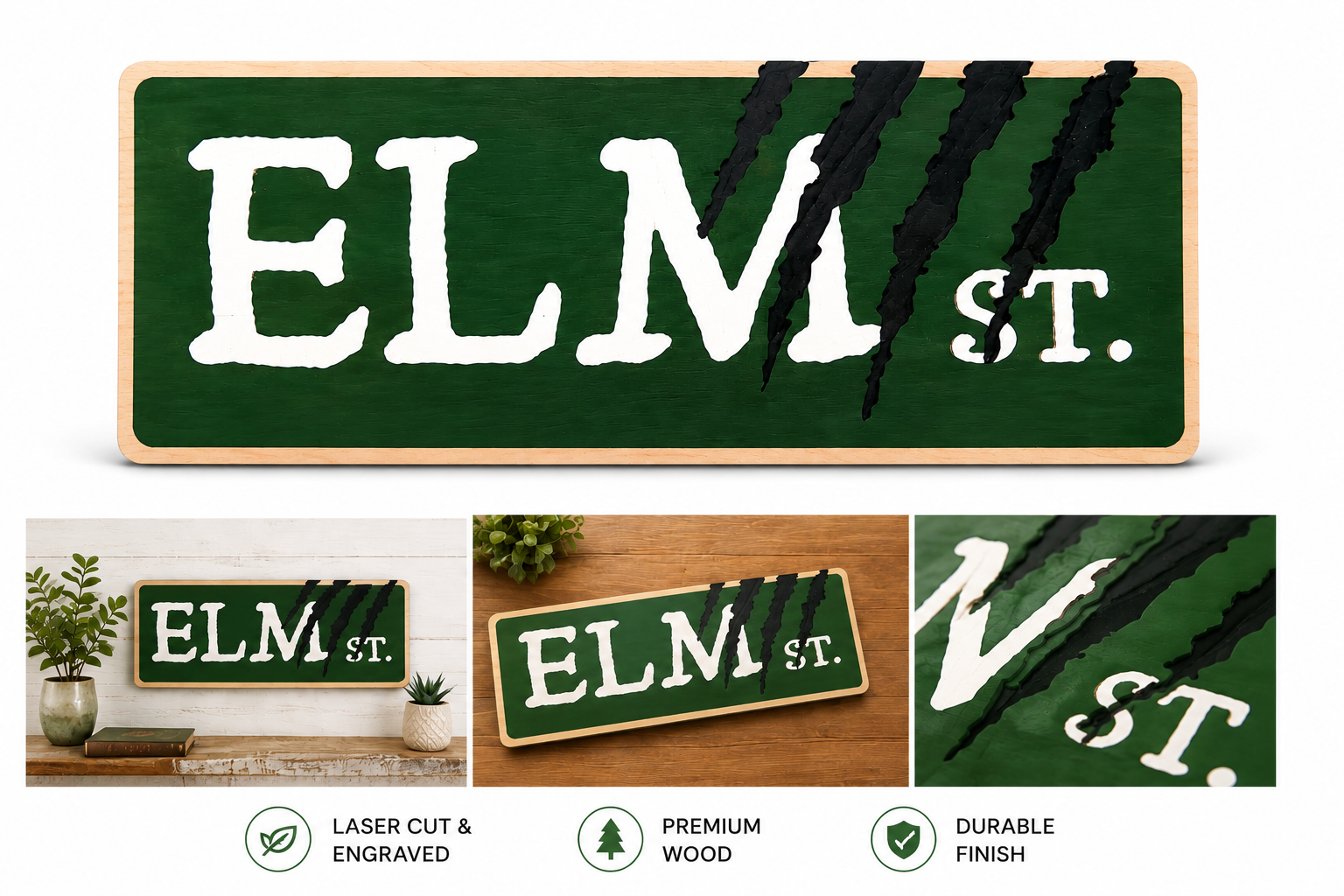 Handmade Layered Wooden "Elm Street" Sign - Horror Movie Inspired Home Decor