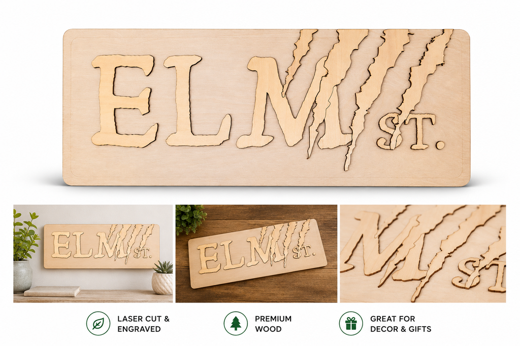Handmade Layered Wooden "Elm Street" Sign - Horror Movie Inspired Home Decor