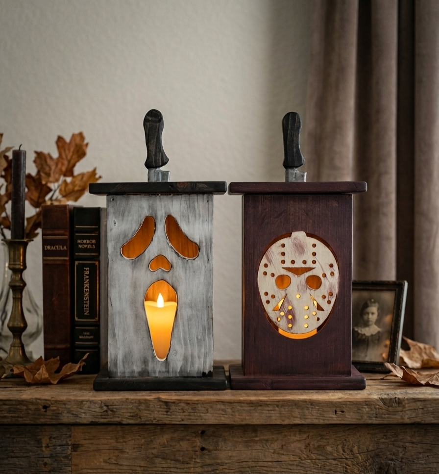 Handcrafted Slasher Film Wooden Lantern with Knife Handle