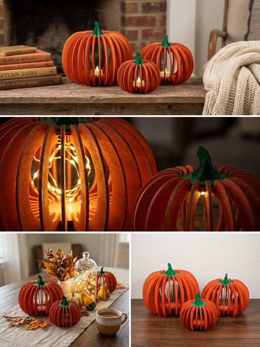 Handcrafted Wooden 3D Pumpkin Trio – Laser Cut Fall Décor